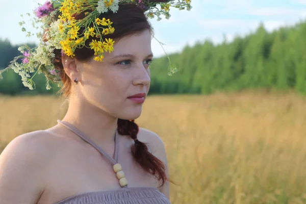 Mujer joven bonita en corona mira hacia otro lado en el campo seco en el verano d —  Fotos de Stock