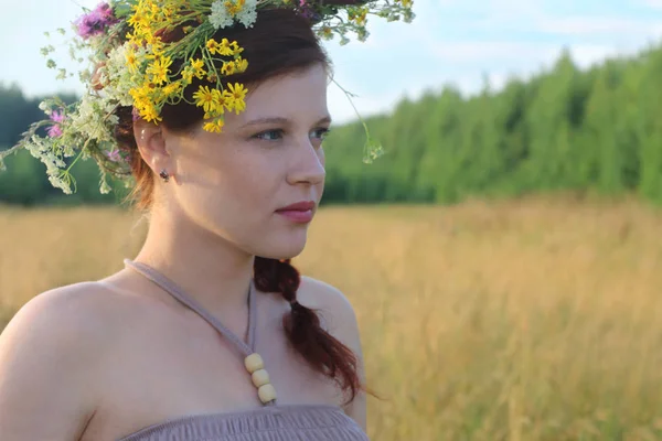 Pretty young woman in wreath looks away in dry field at summer d — Stock Photo, Image