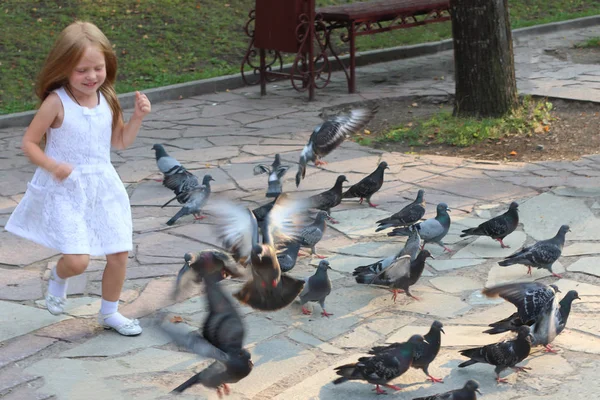 Happy little girl runs among many pigeons in sunny summer park — Stock Photo, Image