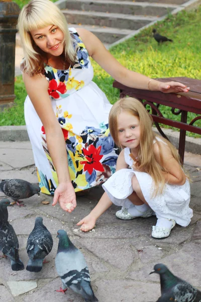 Happy pregnant mother and little daughter feed pigeons in summer — Stock Photo, Image