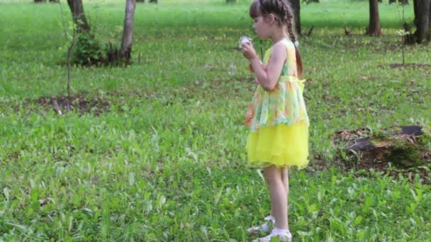 Досить маленька дівчинка дме бульбашки в зеленому парку в літній день — стокове відео