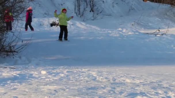 Лыжник спускается с холма и падает в зимний день, двое неузнаваемых детей на холме — стоковое видео