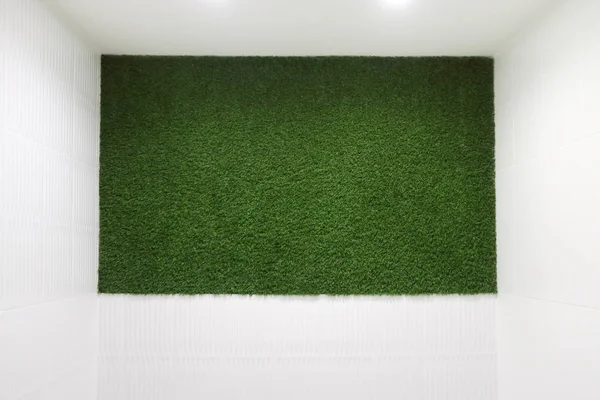 Green lawn on wall in white lit room - this is nature style deco — Stock Photo, Image