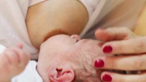 Pequeño bebé chupa su mama madre en la cama con cubiertas de satén blanco — Vídeos de Stock