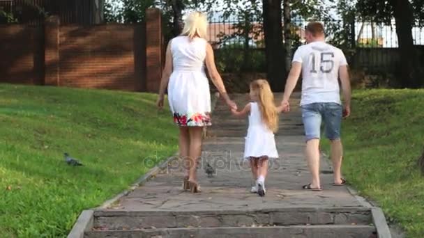 Μητέρα, ο πατέρας, η μικρή κόρη του με τα πόδια το καλοκαίρι στο πάρκο, ΠΙΣΩ ΟΨΗ — Αρχείο Βίντεο
