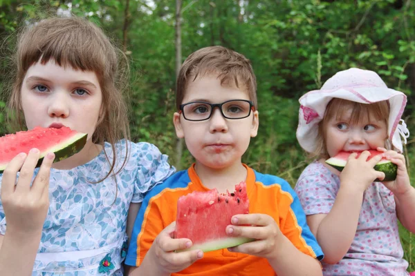 Trei copii fericiți mănâncă pepene verde proaspăt — Fotografie, imagine de stoc