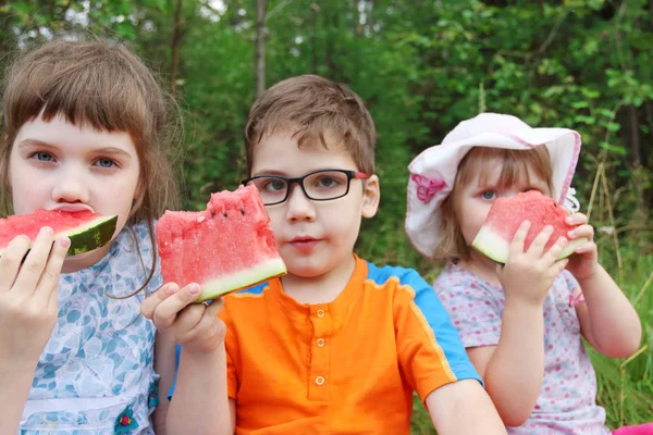 Tres niños felices comen sandía roja fresca —  Fotos de Stock