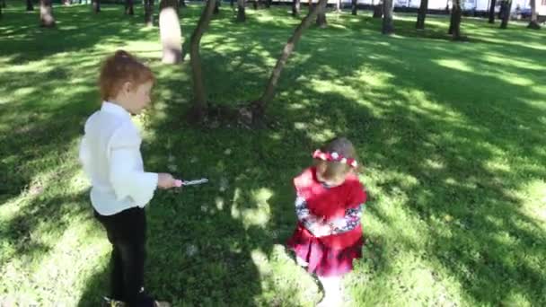 Duas meninas brincam com bolhas de sabão no parque de verão verde — Vídeo de Stock