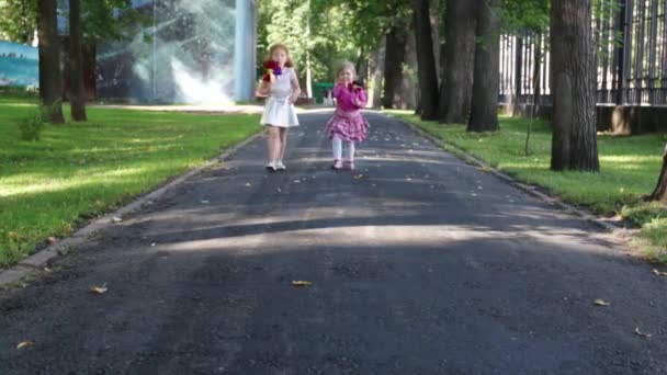 Due bambine felici camminano con mulini a vento nel verde del parco estivo — Video Stock