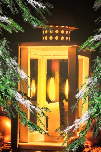 Christmas decoration lantern with burning candle — Stock Photo, Image