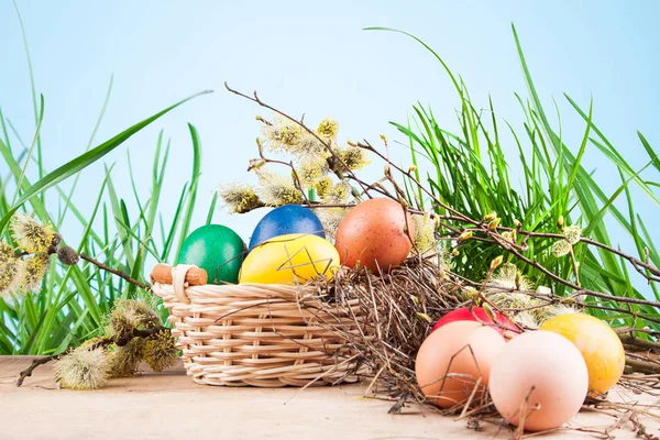 Colorful Easter eggs in a basket — Stock Photo, Image