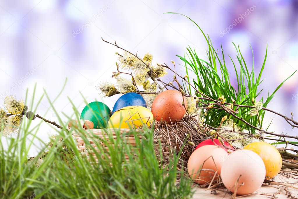 Colorful Easter eggs in a basket