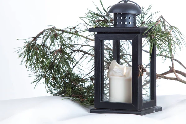 Christmas Decoration Lantern Burning Candle — Stock Photo, Image