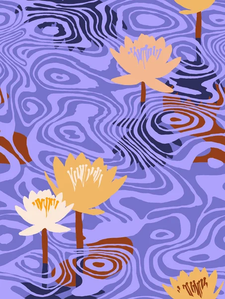 Seamless botanical pattern made of water texture and lily pads. Scene with pond, waves, reflections and water lilies also called as Nenuphar, White Water Rose on the surface. Fashion design for fabric