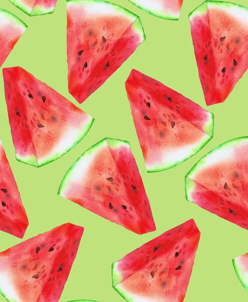 Watercolor fruit seamless pattern. Hand drawn textured watermelons pieces. Cartoon style. Food background for fabric, textile, menu, desserts, cafes, wrapping and surface.