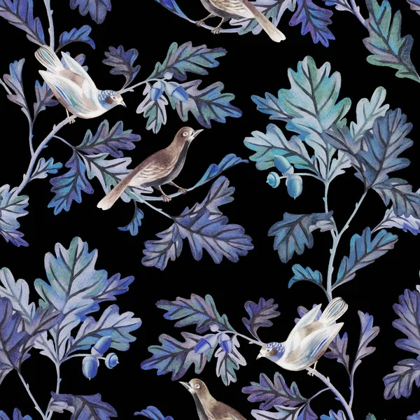 Botanical seamless pattern with birds, oak branches, leaves and acorns. Nature motif drawn by color pencils isolated on black. Great for bedding, fabric, clothes, wallpaper, wrapping.