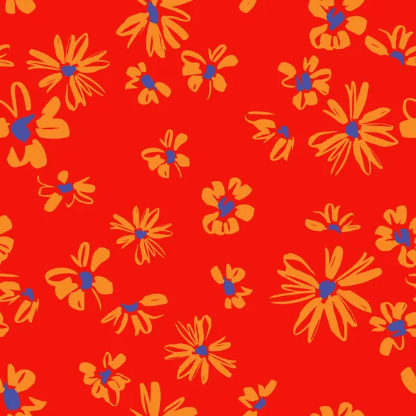 Simple floral seamless pattern. Bright botanical illustration with small daisy flowers. Sketch made of felt pen. Good for bedding, fabric, textile, wallpaper, wrapping, surface.