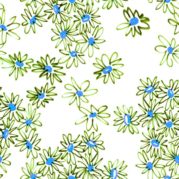 Floral seamless pattern. Bright botanical illustration with daisy flowers isolated on white. Sketch made of felt pen. Good for bedding, fabric, textile, wallpaper, wrapping, surface.