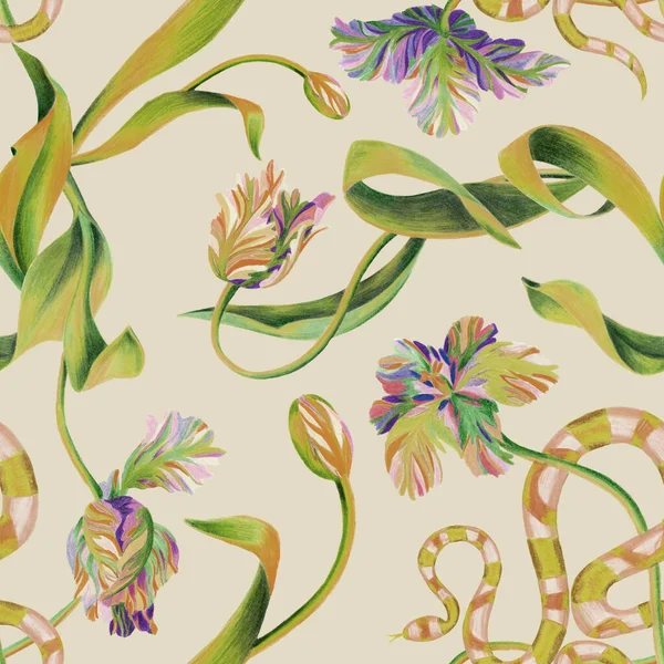 Floral seamless pattern in delicate colors. Bright botanical illustration with blooming flowers, tulips and snake. Pencil drawing. Good for bedding, fabric, textile, wallpaper, wrapping, surface.