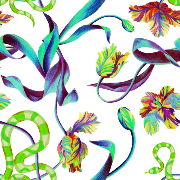Floral seamless pattern. Bright botanical illustration with blooming flowers, tulips and snake. Pencil drawing. Good for bedding, fabric, textile, wallpaper, wrapping, surface.