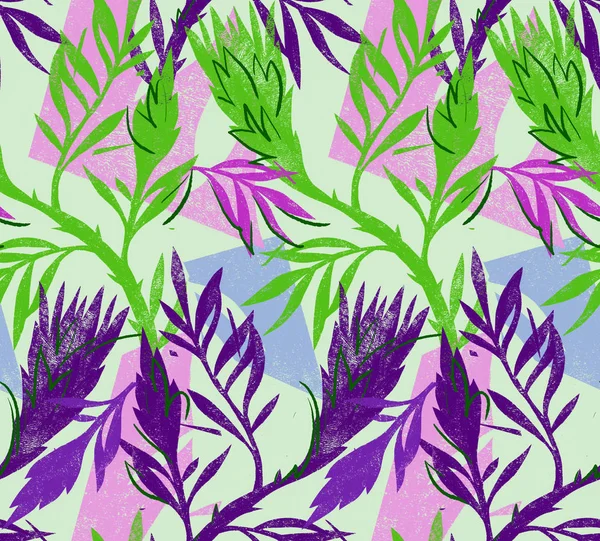 Seamless floral pattern with engraving texture. Colorful background made of engraved protea flowers. Silhouettes of flowers. Vintage style. Good for fashipon design, fabric textile.