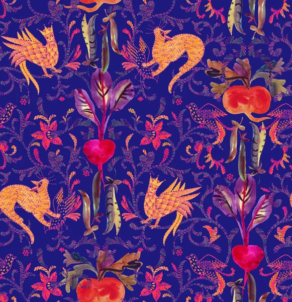 Seamless pattern in folk style. Colorful flowers, turnip, beets, peas, radish, fantasy animals, cats, firebirds and birds. Hand drawn ethnic primitive elements. Naive style, embroidery illusion.