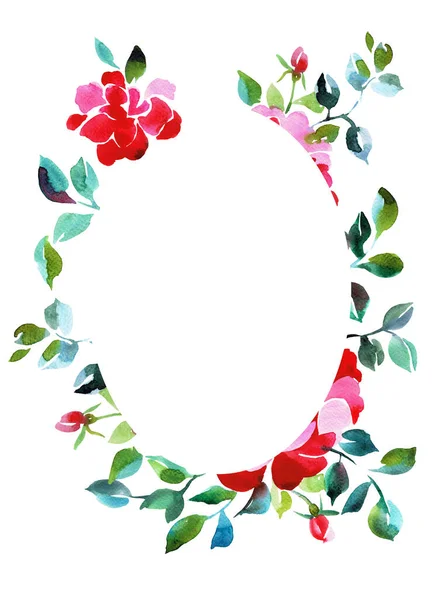 Floral card design. Drawn opulent roses  with empty space in the center. Botanical oval frame made of flowers isolated on white. Great for postcard, greeting, cards, placing text.