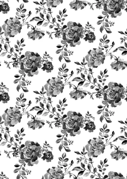 Botanical seamless pattern. Black silhouettes of large opulent blooming roses isolated on white. Background with flower buds and leaves in vintage style. Plane ornament for textile and fabric.