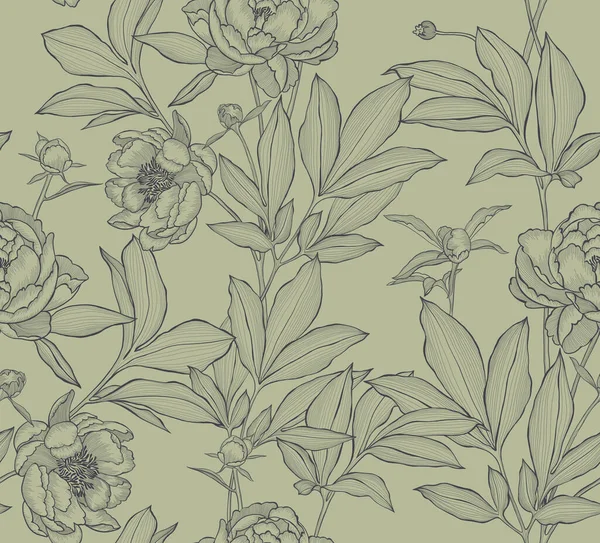 Botanical seamless pattern. Elegant peonies, buds and leaves. Contour drawing, etching floral art. Vintage line art background with beautiful flowers for textile, fabric, wallpaper and wrapping.