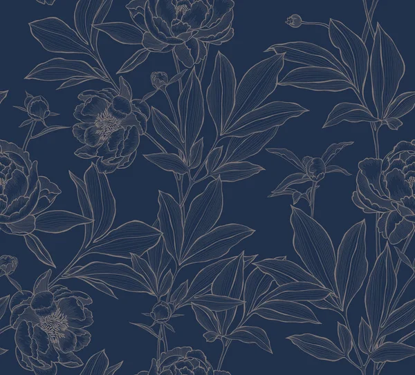 Botanical seamless pattern. Elegant peonies, buds and leaves. Contour drawing, etching floral art. Vintage line art background with beautiful flowers for textile, fabric, wallpaper and wrapping.