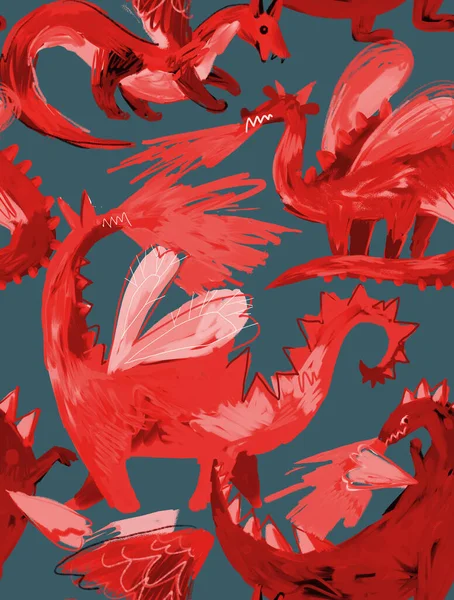 Seamless pattern with mythological animal. Backdrop made of fire breathing dragons. Childish cartoon naive style. Flying dragon medieval reptiles.