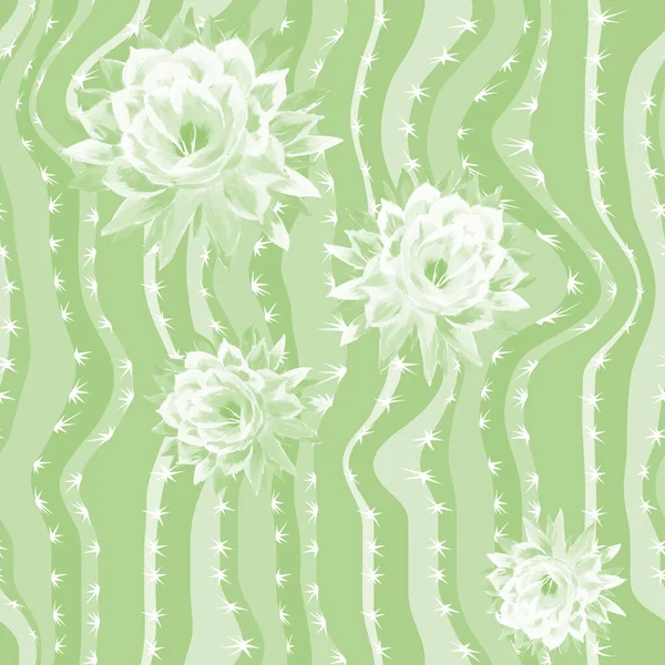 Botanical seamless pattern, Cactus flowers with vertical cactus wavy stripes and spikes on it. Cactus plant texture. Floral background for textile, fabric, fashion design, cover, wrapping, postcard.