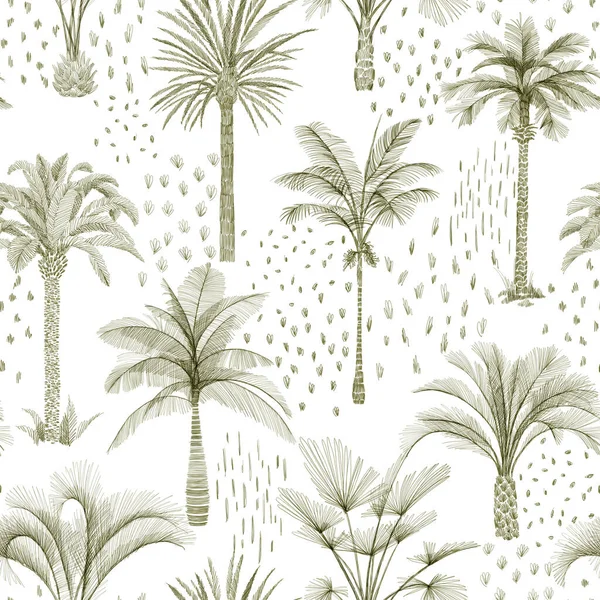 Palm tree seamless pattern. Hand drawn tropical plants. Trendy exotic background with banana palm tree, coconut palm tree, doodles.  Good for wallpaper, web page background, textile, fabric, surface.