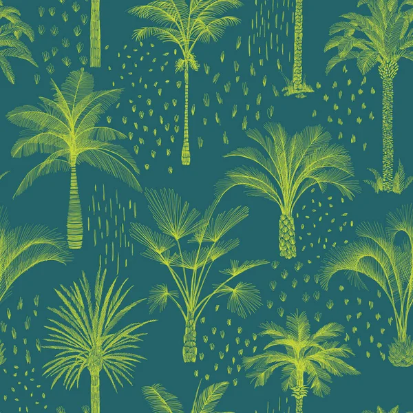 Palm tree seamless pattern. Hand drawn tropical plants and doodles. Trendy exotic background with banana palm tree, coconut palm tree. Good for wallpaper, web page background, textile, fabric, surface