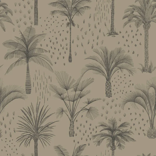 Palm tree seamless pattern. Hand drawn tropical plants and doodles. Trendy exotic background with banana palm tree, coconut palm tree. Good for wallpaper, web page background, textile, fabric, surface