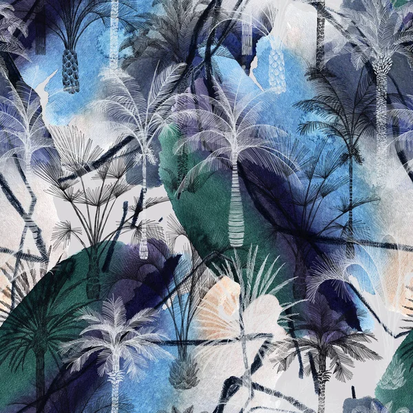 Abstract art with tropical plants. Palm tree seamless pattern with abstract watercolor texture background. Sophisticated illustration with banana and coconut palm trees. For textile, fabric, fashion.