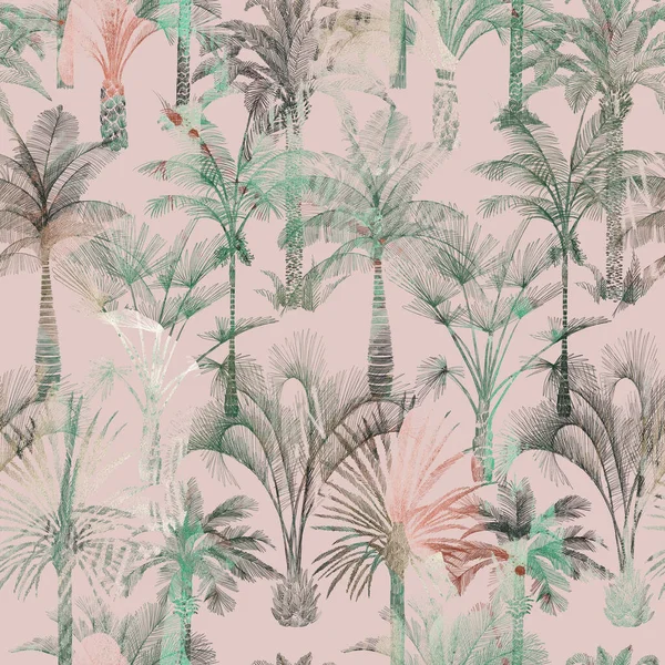 Palm tree seamless pattern. Hand-drawn tropical plants. Trendy exotic tropical background with banana palm tree, coconut palm tree. Pen graphic. Good for wallpaper, textile, fabric, surface, wrapping.