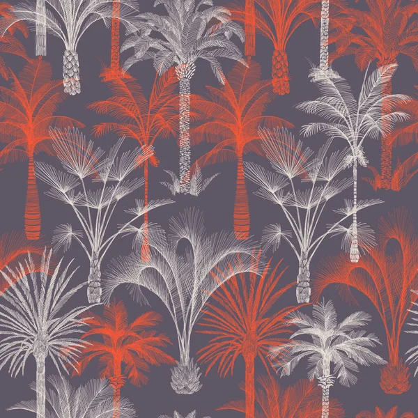 Palm tree seamless pattern. Hand-drawn tropical plants. Trendy exotic tropical background with banana palm tree, coconut palm tree. Pen graphic. Good for wallpaper, textile, fabric, surface, wrapping.