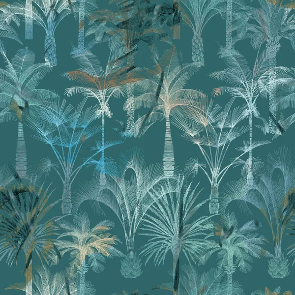 Palm tree seamless pattern. Hand-drawn tropical plants. Trendy exotic tropical background with banana palm tree, coconut palm tree. Pen graphic. Good for wallpaper, textile, fabric, surface, wrapping.