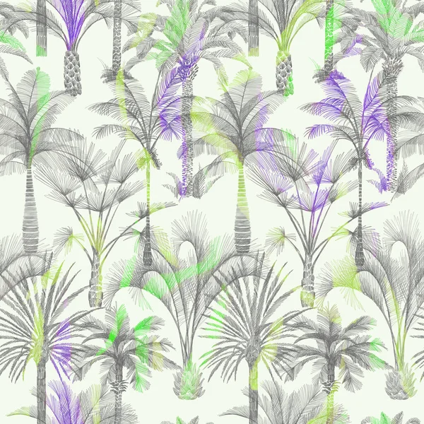 Palm tree seamless pattern. Hand-drawn tropical plants. Trendy exotic tropical background with banana palm tree, coconut palm tree. Pen graphic. Good for wallpaper, textile, fabric, surface, wrapping.