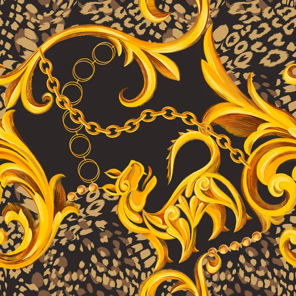 Golden baroque ornament design with leopard skin texture. Animal fur seamless pattern for textile print.