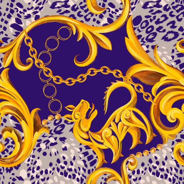 Golden baroque ornament design with leopard skin texture. Animal fur seamless pattern for textile print.