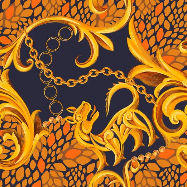 Seamless pattern with golden Baroque elements and giraffe artistic animal skin. Chain, border, accessories and jewelry. Victorian, Rococo, Baroque style background.