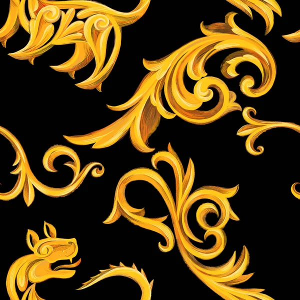 Luxury seamless pattern with golden Baroque elements. Heraldic swirl border frame and griffin. Victorian, Rococo, Baroque style background.