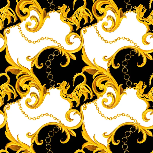 Fashion seamless pattern with golden chains. Fabric design background with chain, accessories, Jewelry and Baroque elements. Trendy Luxury illustration for textile, prints, wallpapers, wrapping.