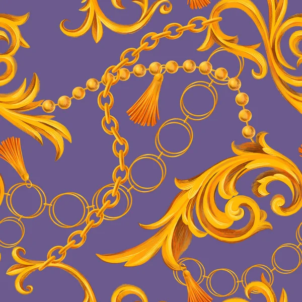 Fashion seamless pattern with golden chains. Fabric design background with chain, accessories, Jewelry and Baroque elements. Trendy Luxury illustration for textile, prints, wallpapers, wrapping.