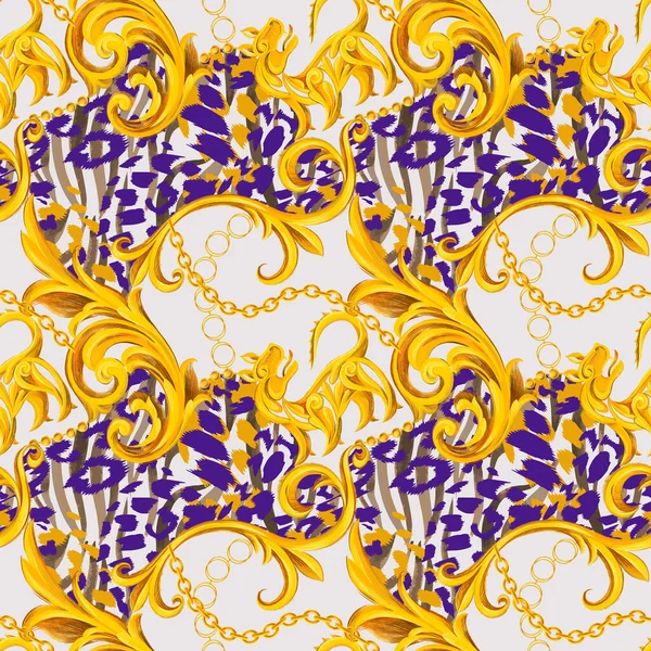 Seamless pattern with golden Baroque elements and watercolor striped zebra leopard artistic animal skin. Chain, border, accessories and jewelry. Victorian, Rococo, Baroque style background.