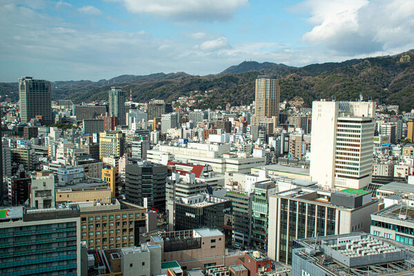 Top-down view of tall buildings in Kobe, Japan. Top view.