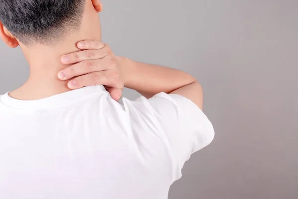 Asian people wear white shirts, feel tired and suffer from neck — Stock Photo, Image