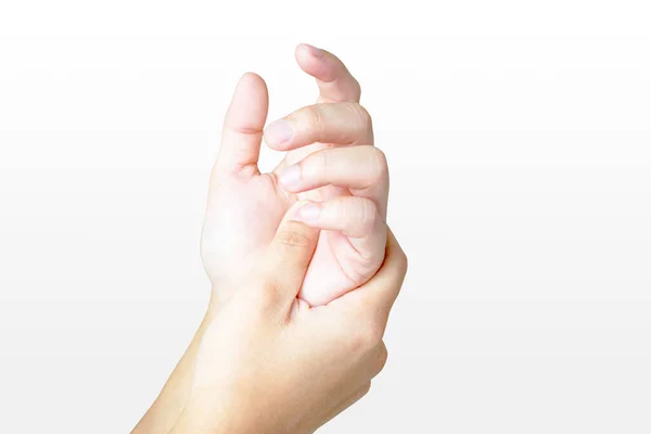 Ból Rękach Kobiet Poprzez Trzymanie Się Ręce Izolowanie Białym Tle — Zdjęcie stockowe